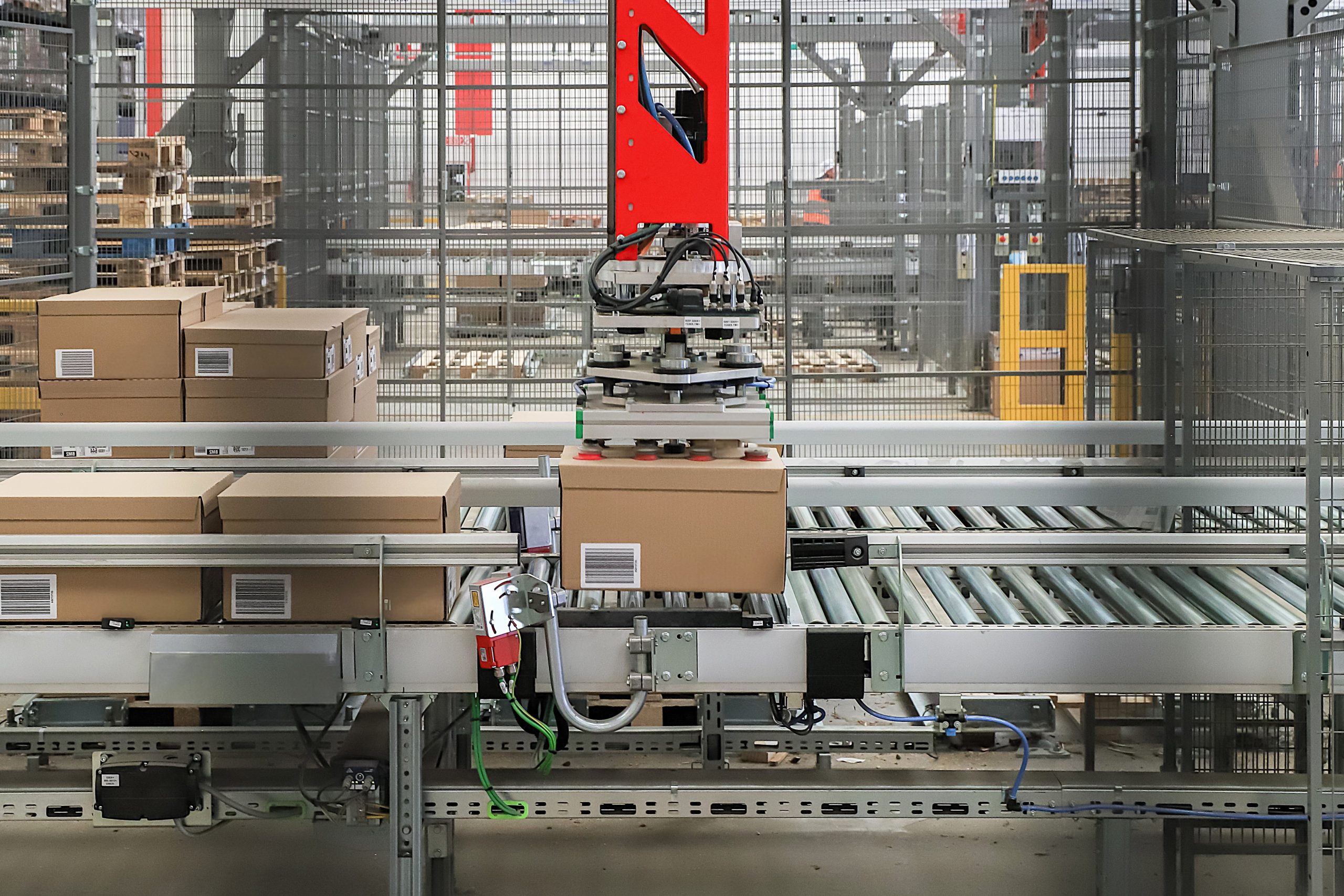 Palletizer,-,Packing,Line,In,A,Logistics,Warehouse.,Conveyor,Belt